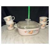 Corningware abundance casserole and 4 matching mugs
