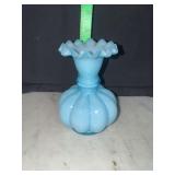 Fenton blue overlay melon vase with ruffled edge