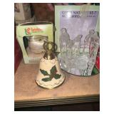 Glass miniature nativity, cloisonné bell and 1981 satin Christmas ornament