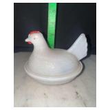 Small milk glass hen on nest with red comb