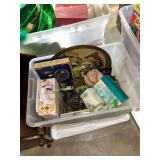 Mixed Storage Bin with Advertising Tin and Assorted Collectibles
