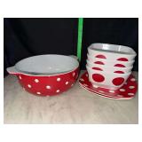 Red polka dot baking dish and plastic dishes