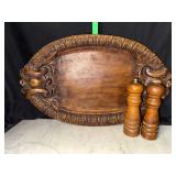Carved wood platter and salt and pepper mills