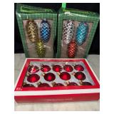 2 boxes of glass pinecone Christmas ornaments with box of red glass Christmas ornament balls