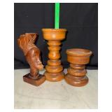 Wooden tribal bust and 2 candle pillars