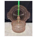 Pink princess glass platter and covered candy dish