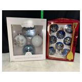 2 boxes glass Christmas ornament balls blue and gold, blue and white