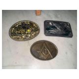 3 vintage belt buckles- Freemasons, eagle and jumping fish