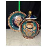 Vintage Imari style porcelain ginger jar and platter