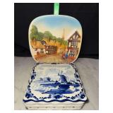 Delft blue and white cigarette box and 3D chalkware English village wall plaque