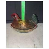 Modern glass small hen on nest pink green yellow