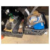Assorted Hardware, Electrical Components, and Storage Crates