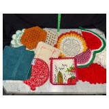 Hand crochet kitchen hot pads and pot holders with other linens
