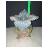 Antique Victorian art glass opalescent flower vase with applied flower and uranium glass feet- has broken foot and crack pictured