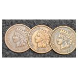 (3) Indian Head Cents: 1907 VF, 08 F, 09 VF