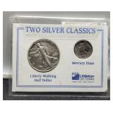 Display w/ 2 Silver Classics Mercury Dime,