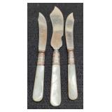 3 Pearl Handle Butter Knives w/ Sterling Silver
