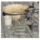 Granite Dish Pan, Bottles and Jars