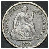 1871 Seated Liberty Silver Half Dime Nice
