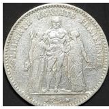 1875 K France 5 Francs Hercules 90% Silver Dollar