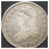 1809 Capped Bust Silver Half Dollar, Nice Early