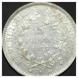 1873 A France 5 Francs Hercules 90% Silver Dollar