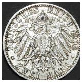 1902 German States 2 Mark 90% Silver Coin
