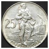1954 Czechoslovakia 25 Korun .500 Silver Coin BU