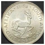 1958 South Africa 5 Shillings .500 Silver 28.28g
