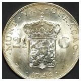 1944 Netherlands Curacao 2.5 Gulden Silver Dollar