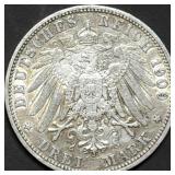1909 A Prussia 3 Mark 90% Silver Coin Nice