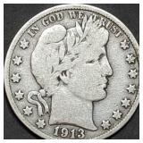 1913-S Barber Silver Half Dollar