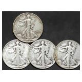 4 Walking Liberty Silver Half Dollars 1943 to