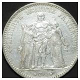 1876 A France 5 Francs Hercules 90% Silver Dollar