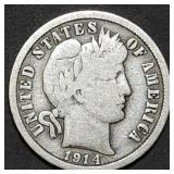 1914 Barber Silver Dime, Near Full Liberty