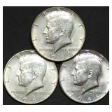 3 Kennedy 40% Silver Half Dollars BU