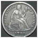 1891 Seated Liberty Silver Dime, High Grade