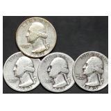 4 Washington Silver Quarters 1941 to 1951
