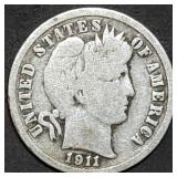 1911-D Barber Silver Dime