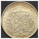 1943 Netherlands 2.5 Gulden Silver Dollar