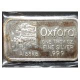 Vintage 1 Troy Oz .999 Silver Oxford Alaska Bar