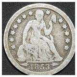 1853 Arrows Seated Liberty Silver Dime