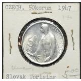 1947 Czechoslovakia 50 Korun .500 Silver Coin BU
