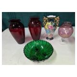 Red Glass, Cranberry Vases, Green Bowl