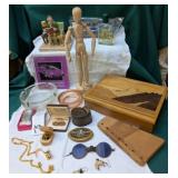 Wooden Manequin, Ash Trays, etc.