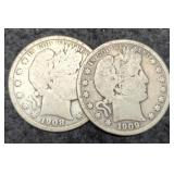 (2) Barber Half Dollars 1908-O, 1909