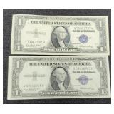 (2) 1935E $1 Silver Certificate Notes Unc.