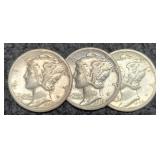 (3) Mercury Dimes AU 1936, 38-S, 42-S