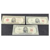 (3) $5 Red Seal Notes 1928C, 1953B, 1963