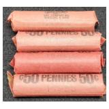 (4) Rolls S Mint Wheat Cents 1940, 44, 46, 55